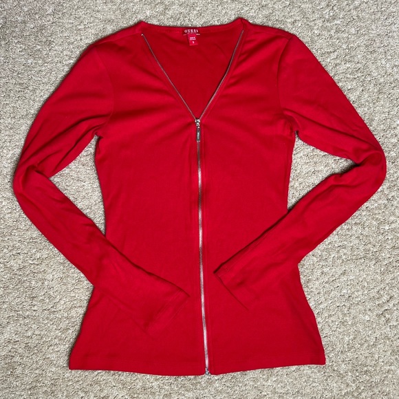 Guess Factory Red Duran Zip Front V-Neck Long Sleeve Shirt - Picture 2 of 8